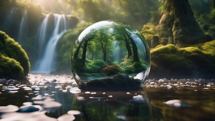 highly intricately detailed of beautiful  Backyard Garden waterfall pond trees  landscape inside a crystal ball - obrazy, fototapety, plakaty