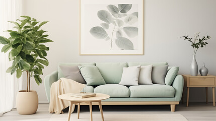 Obraz na płótnie Canvas Modern Minimalist Living Room with Sage Green Couch and Large Leaf Wall Art