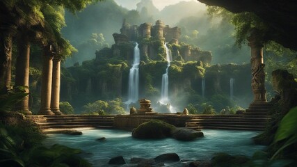 tropical waterfall Fantasy  waterfall of wisdom, with a landscape of ancient ruins and scrolls, peaceful waterfall  