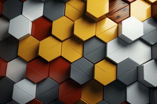 high-tech background with geometric glazed wooden of various shapes with orange, white, gold colors