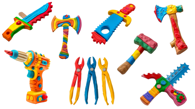 A collection of construction tools made of multicolored plasticine, art for children, kids craft. Transparent isolate background.