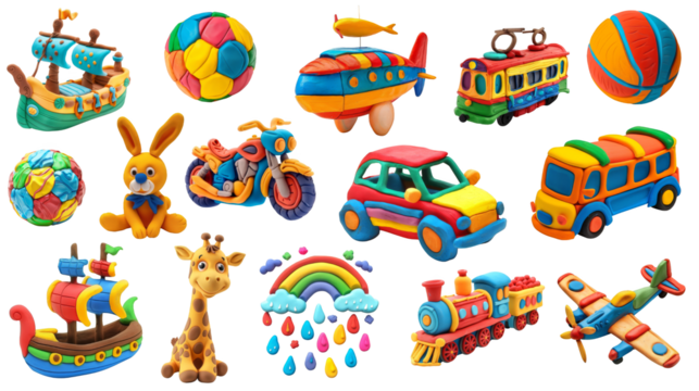 Collection of children's toys made of multicolored plasticine, art for children, kids craft. Transparent isolate background.