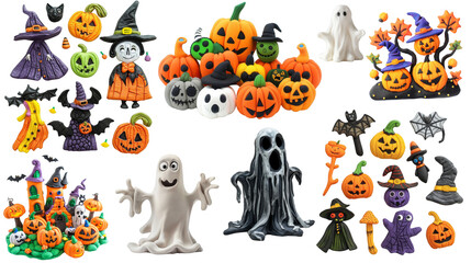 Obraz premium A collection of Halloween heroes made of plasticine,art for children, kids craft. Transparent isolate background. 