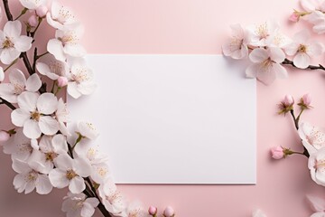 Blank Paper Surrounded by Flowers on Pink Background