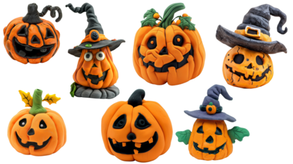 Halloween pumpkin collection made of plasticine, art for children, kids craft. Transparent isolate background.