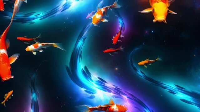 a group of colourful glowing koi fish floating through space, nebula galaxy, otherworldly experience, celestial fish, magical, beautiful, relaxing 