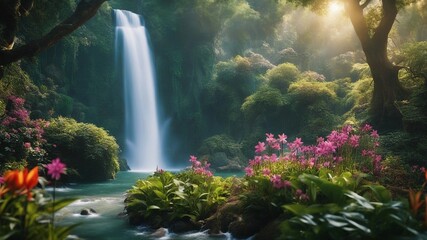 waterfall in the park Fantasy waterfall of magic, with a landscape of enchanted trees and flowers, 