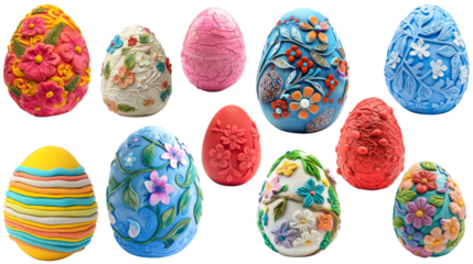 A collection of Easter eggs made of multicolored plasticine, art for children, kids craft. Transparent isolate background.
