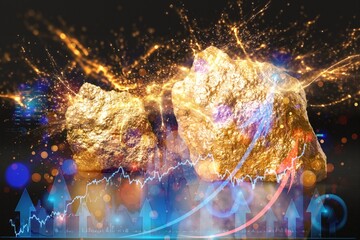 gold ingot and price chart on background.