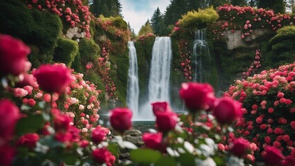 fountain in the park Fantasy A waterfall of love, with a landscape of roses  