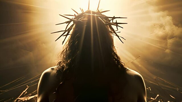 Jesus with thorns crown silhouette under the celestial sky
