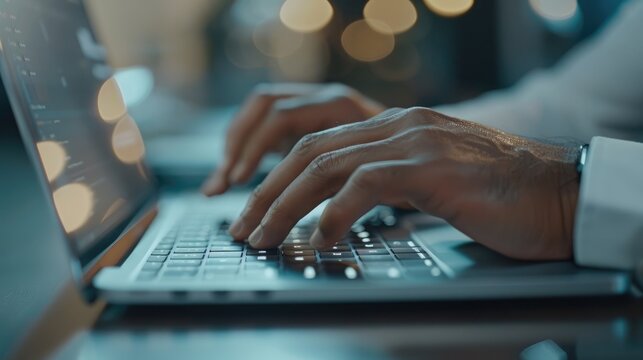 Close-up of a professional working on a laptop at a business seminar, highlighting focused technology use and continuous learning in a corporate setting - AI generated