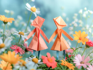 Two origami figures holding hands surrounded by pastel flowers embodying friendship in a cute minimalist setting