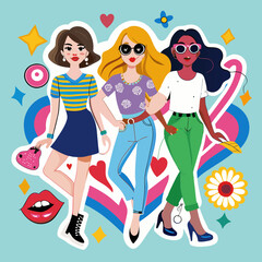 Fashionista Tribe chic Tshirt sticker depicting a group of fashion-forward girls strutting their stuff in trendy t-shirts adorned with iconic fashion symbols like lipstick tubes, sunglasses