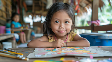 Portrait of a beautiful little girl drawing with pencils