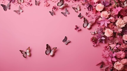 Group of Butterflies in Flight Over Pink Background