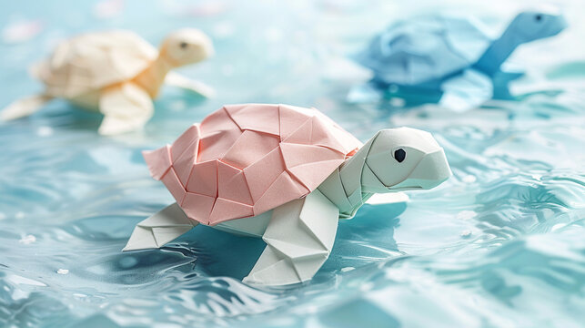 Turtle crafted from pastel origami a cute minimalist design with a detailed shell set on a simple background