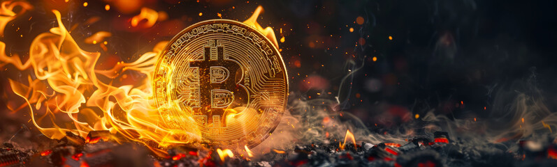 A Blazing Golden Bitcoin on Fire against a Black Backdrop. Blockchain Defi Crypto Web 3.0