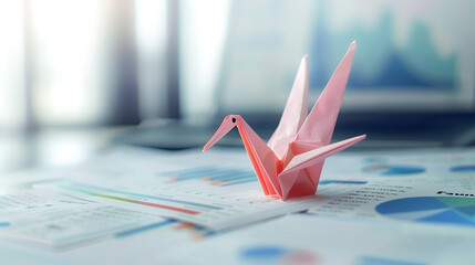 Origami paper crane in soft pastel shades perched atop financial reports blending business analytics with cute minimalism