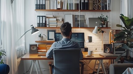 Man Working in a Home Office in High Definition - obrazy, fototapety, plakaty