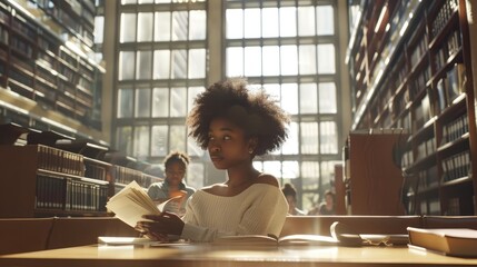 Concentrated African American woman studying from a textbook at a library with other students, highlighting education, dedication and academic focus in a serene environment - AI generated