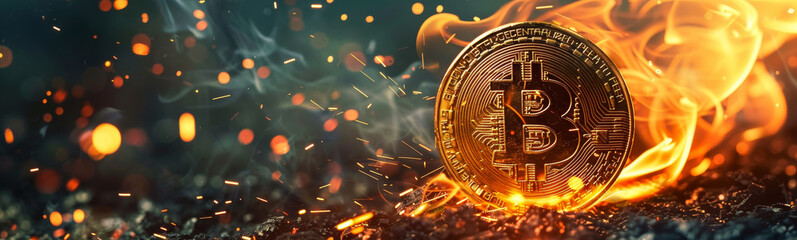 A Blazing Golden Bitcoin on Fire against a Black Backdrop. Blockchain Defi Crypto Web 3.0 - obrazy, fototapety, plakaty