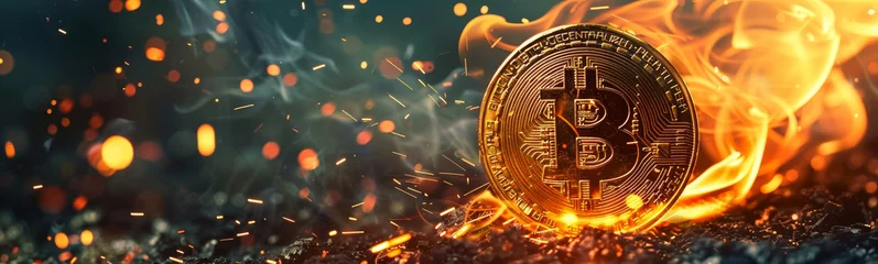 Fotobehang A Blazing Golden Bitcoin on Fire against a Black Backdrop. Blockchain Defi Crypto Web 3.0 © VisionVista