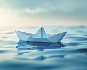 Minimalist seascape with a cute origami boat in pastel blue symbolizing freedom and adventure on the open sea
