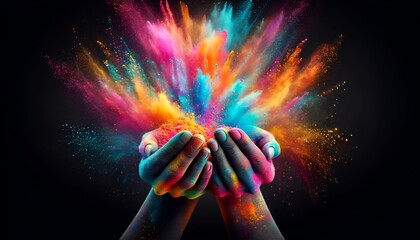 Realistic illustration for the holi celebration with a hands throwing colorful powder in the air. - obrazy, fototapety, plakaty