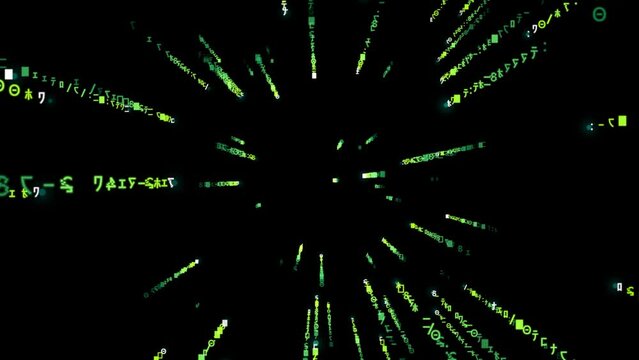 green Digital rain in black background, Animation forward matrix.