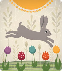 Folk art style rabbit and tulips.