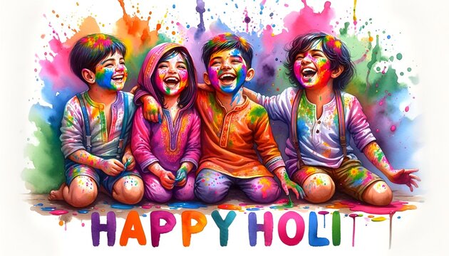 Watercolor illustration of joyful group of children celebrating the holi.