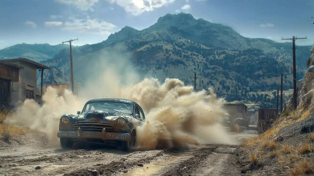 Old car in the dusty road on mountains background. Seamless looping time-lapse 4k video animation background