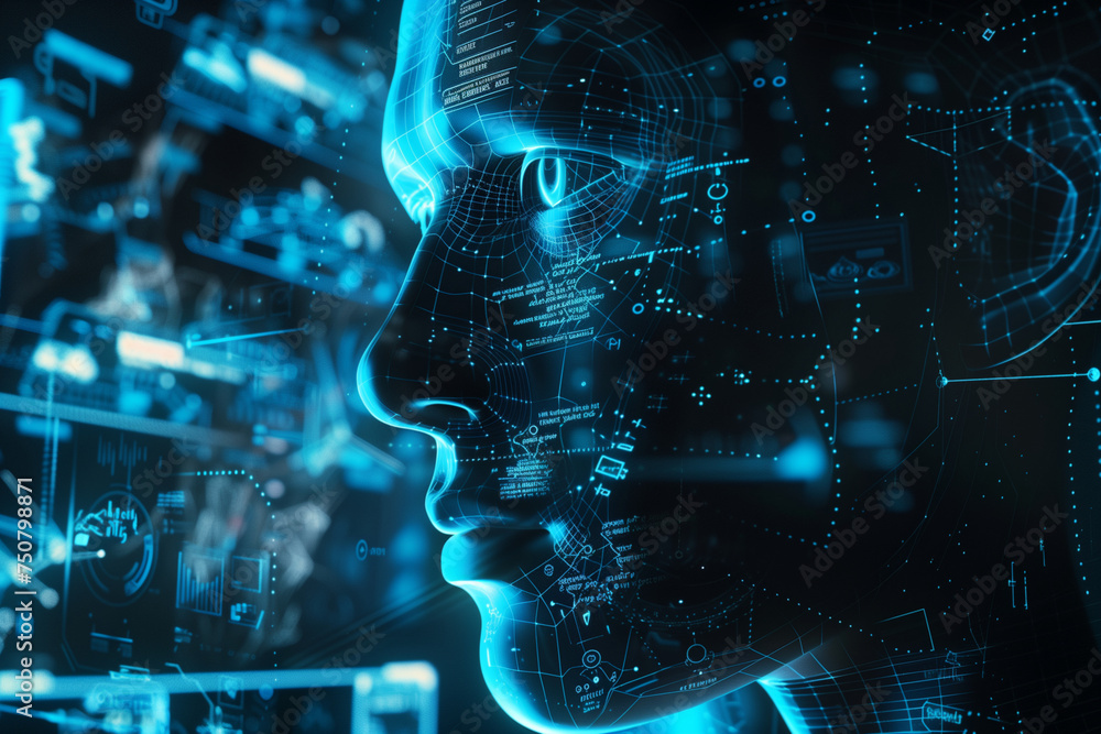 Poster face is displayed on a computer screen with a blue background. the face is surrounded by a lot of li
