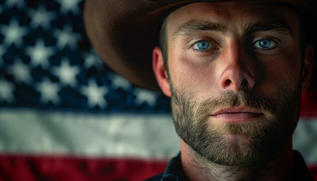  Cowboy in Front of the American Flag. Pride Homeland Love. Texan Patriot. Copy Space.