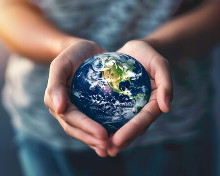 World Earth Day Concept. Woman hands embracing a globe