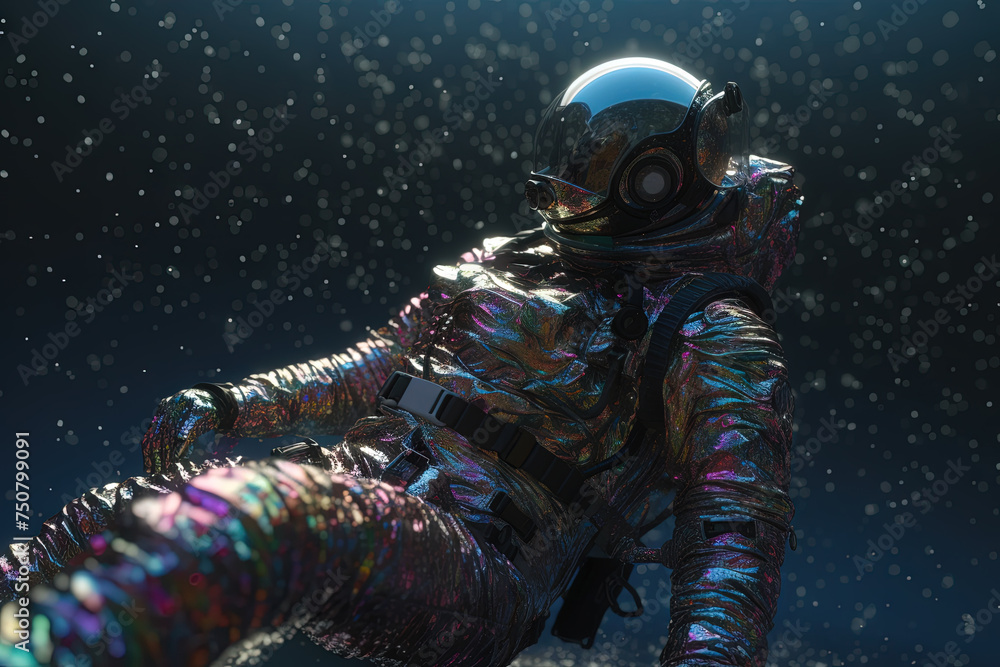 Poster astonaut soaring in astral space in magic trip with surreal sparkles and aura.