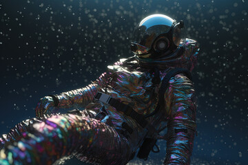 Astonaut soaring in astral space in magic trip with surreal sparkles and aura.