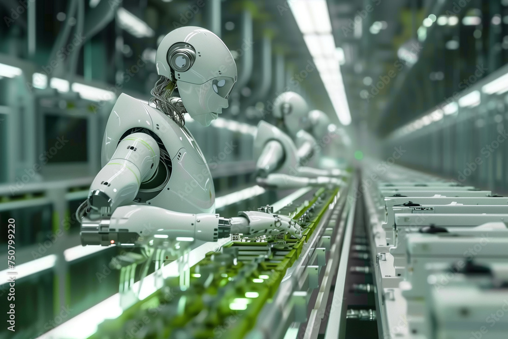 Poster a robot is working on a machine in a factory. the robot is white and has a human-like appearance. th