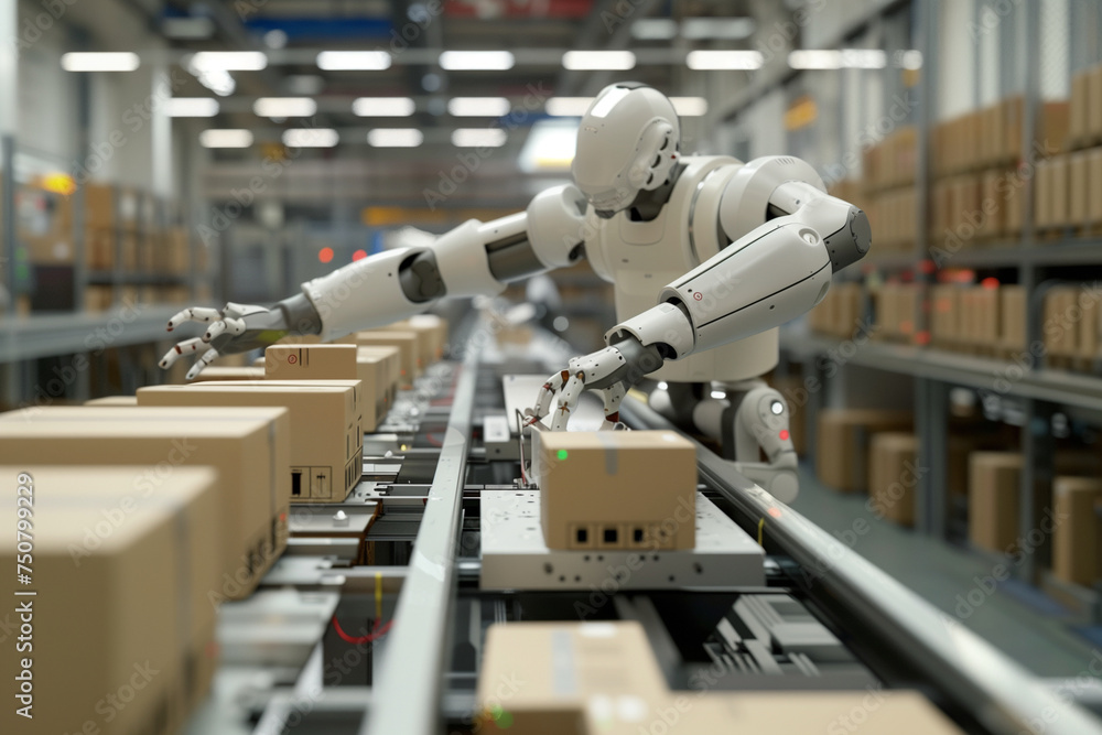 Poster a robot is working in a warehouse, sorting boxes. the robot is white and has a robotic arm. the ware
