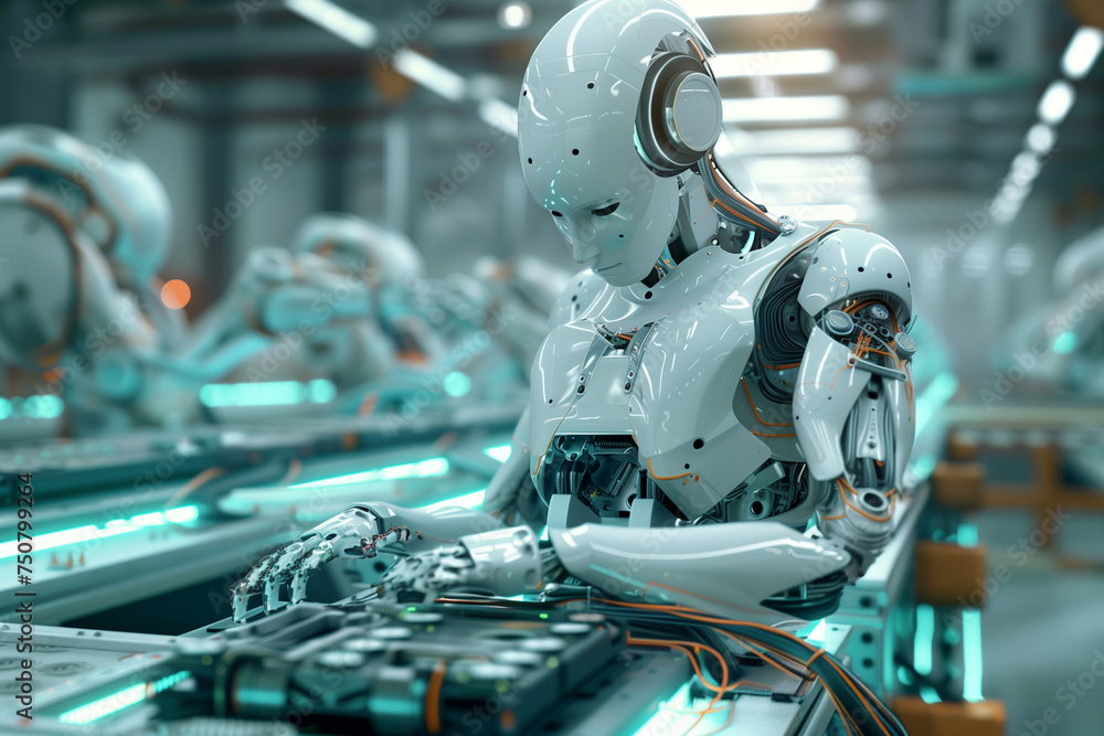 Poster a robot is working on a machine in a factory. the robot is white and has a human-like appearance. th