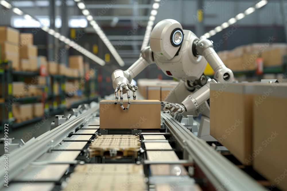 Poster a robot is working in a warehouse, sorting boxes. the robot is white and has a robotic arm. the ware