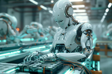 Fototapeta premium A robot is working on a machine in a factory. The robot is white and has a human-like appearance. The scene is set in a factory, and the robot is surrounded by other machines