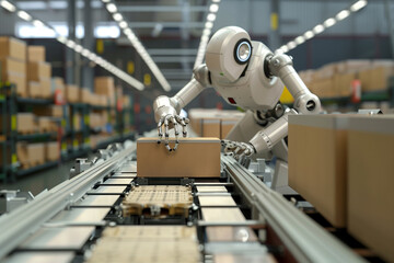 A robot is working in a warehouse, sorting boxes. The robot is white and has a robotic arm. The warehouse is filled with boxes of various sizes and shapes. The robot is focused on its task. 