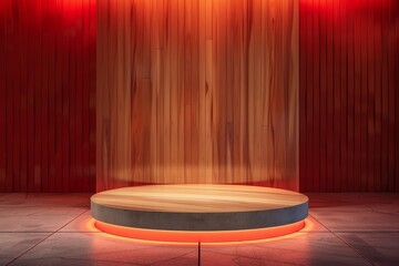 Podium stand studio tile wood room background 3d pedestal platform Kitchen background.Premium wooden red tone scene minimalist style floor stage modern mockup base.