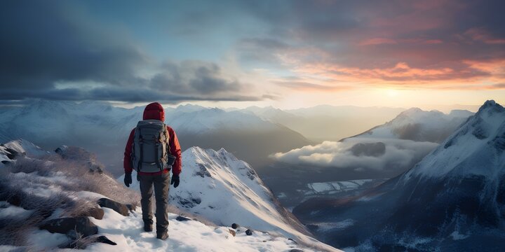 A lone traveler triumphantly stands on a snowy mountain peak embracing natures beauty. Concept Nature, Triumph, Adventure, Photography, Mountain