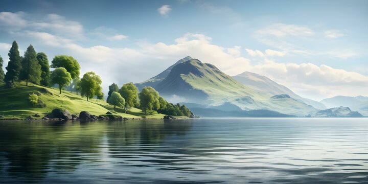 Idyllic Scottish scenery majestic mountains serene lake and wispy clouds. Concept Scottish Highlands, Mountains, Loch, Clouds, Serenity