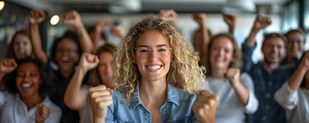 Woman celebrating promotion with office colleagues A diverse group of office colleagues celebrates the promotion of a woman fostering a supportive work environment. Concept Workplace Celebration