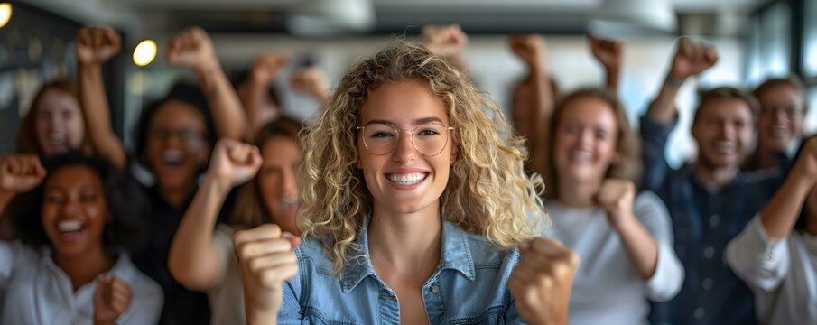 Woman celebrating promotion with office colleagues A diverse group of office colleagues celebrates the promotion of a woman fostering a supportive work environment. Concept Workplace Celebration - Powered by Adobe