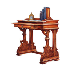 Carved mahogany writing desk with leather inlay watercolor illustration, vintage wooden furniture clipart